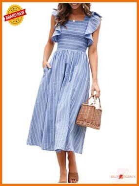 Smocked Midi Dress with Flutter Sleeves and Pockets